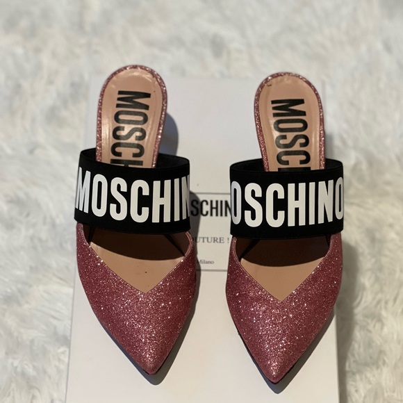Moschino Shoes - Moschino pink glitter logo heels